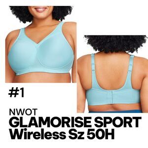 GLAMORISE SPORT Sz 50H NWOT Plus Size MagicLift Baby Blue Sports Bra Wireless